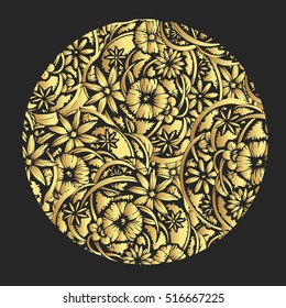 Vector circular ornament. Golden flowers. Ornate. Gold.