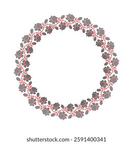 Vector circular ornament with Ukrainian embroidery – traditional floral pattern in pixel style