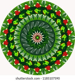 Vector circular pattern with Christmas symbols. Christmas berries, bullfinches, patterns