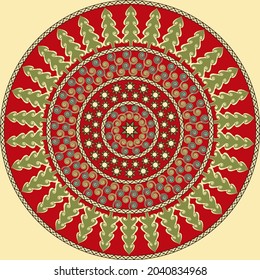 Vector circular pattern with Christmas symbols. Christmas tree, stars, curls