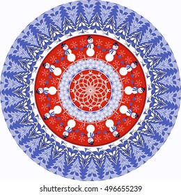 Vector circular pattern with Christmas symbols. Christmas tree, snowflakes, snowmen