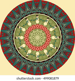 Vector circular pattern with Christmas symbols. Christmas tree, snowflakes, snowmen