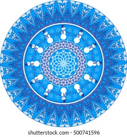 Vector circular pattern with Christmas symbols. Christmas tree, snowflakes, snowmen