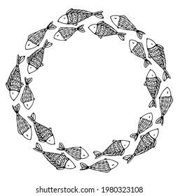 Vector circular pattern of fish. Vector pattern of doodle fish with a pattern of wavy lines floating in a circle with an empty space inside for text, an element for a label design template, signage