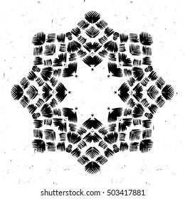 Vector circular pattern in grunge style. Indian knitted pattern. Hipsters, boho, rustic mat. Black-and-white illustration