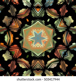 Vector circular pattern in grunge style. Indian knitted pattern. Hipsters, boho, rustic mat. Color vector illustration of hand-drawn elements.