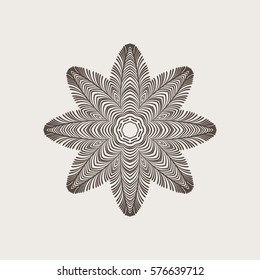 Vector circular pattern of hand drawn elements. Round ornamental pattern. Monochrome mandala in shades of brown Small light and dark squares. Vector element for your design.