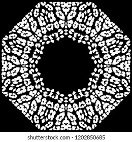 Vector circular pattern with leopard spots, exotic ornament for plate, linen, print, clothes. Round decoration with animal tropical tracery. Hand drawn black and white illustration. Snowflake design 
