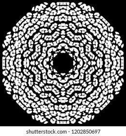 Vector circular pattern with leopard spots, exotic ornament for plate, linen, print, clothes. Round decoration with animal tropical tracery. Hand drawn black and white illustration. Snowflake design 