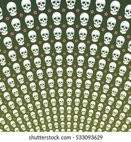 Vector. Circular pattern of skulls on a green background. Red star. Military, dark pattern. Khaki color