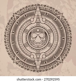 Vector circular pattern in the style of the Aztec calendar stone on a brown grunged background