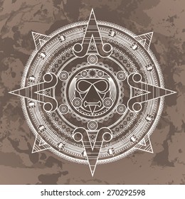 Vector circular pattern in the style of the Aztec calendar stone on a brown grunged background