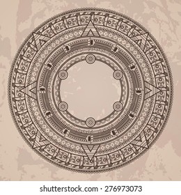 Vector circular pattern in the style of the Aztec calendar stone on a grunged background