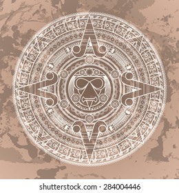 Vector circular pattern in the style of the Aztec calendar stone on a grunged background