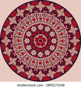 Vector circular pattern for Valentine's Day. Mandala with hearts, decorative shapes