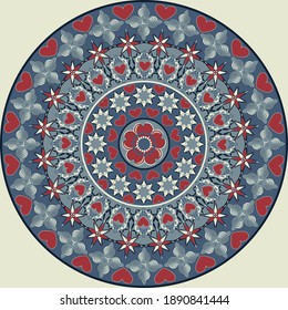Vector circular pattern for Valentine's Day. Mandala with hearts, decorative shapes