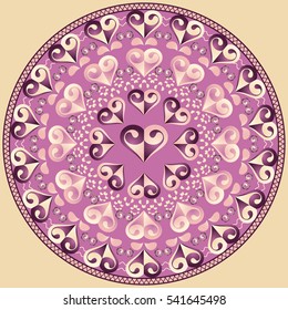 Vector circular pattern for Valentine's Day. Mandala with hearts