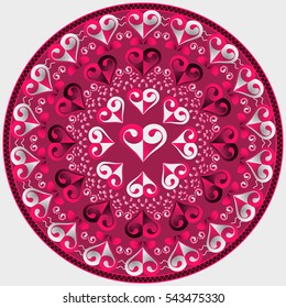 Vector circular pattern for Valentine's Day. Mandala with hearts
