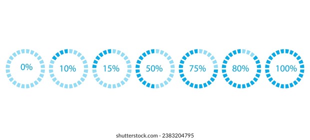 Barras de progreso circulares vectoriales con escalas de carga brillantes e indicadores porcentuales, futuras barras de tecnología de carga de la visualización de cabeza arriba.	
