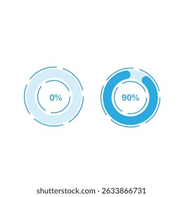 Vector cirkelvormige voortgangsbalken met gloeiende laadschalen en percentageindicatoren, toekomstige laadtechnologiebalken van head-up display.