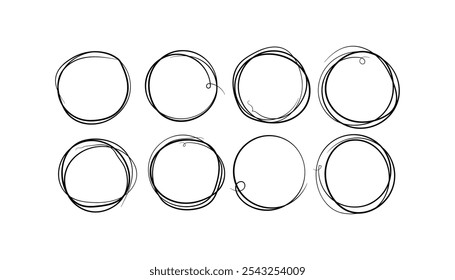 Vector circular scribble doodle round circles for message note mark design element. Hand drawn circle line sketch set vector design