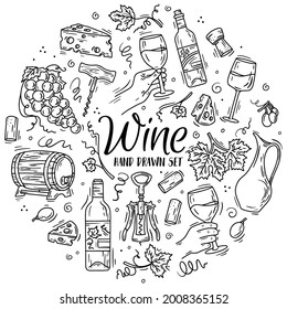 Vector circular set with wine and cheese in Doodle sketch style. Linear icons for the menu of grapes and bottles.