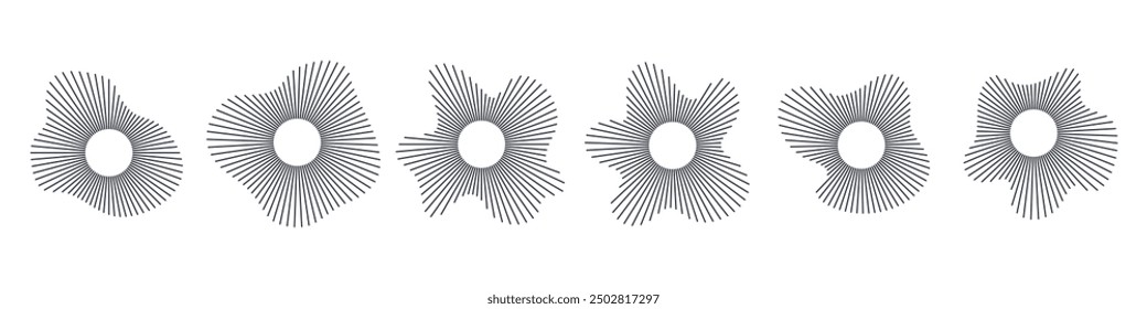 Vector circular sound waves. Acoustic amplitude music icons. Infrasound ultrasound symbols, speed of sound. Editable stroke thin line black set on white background.