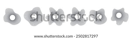 Vector circular sound waves. Acoustic amplitude music icons. Infrasound ultrasound symbols, speed of sound. Editable stroke thin line black set on white background.