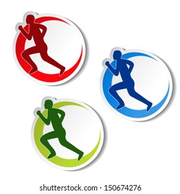 Vector circular stickers of fitness - runner silhouette, sport symbol 
