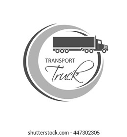 Vector circular symbol of transport with silhouette of truck, lorry. Monochrome design.
