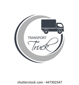 Vector circular symbol of transport with silhouette of truck, lorry. Monochrome design.
