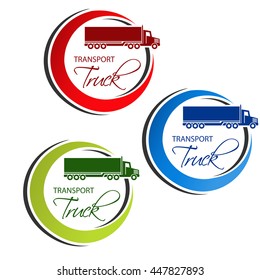 Vector circular symbol of transport with silhouette of truck.. Red, blue and green design.