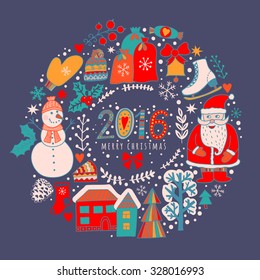 Vector circular wreath, Christmas greeting card template, Merry Christmas. Winter holiday design, frame wreath design made of childish doodles: Santa, houses, deer, winter forest, mittens, snowman.