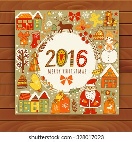 Vector circular wreath, Christmas greeting card template, Merry Christmas. Winter holiday design, frame wreath design made of childish doodles: Santa, houses, deer, winter forest, mittens, snowman.