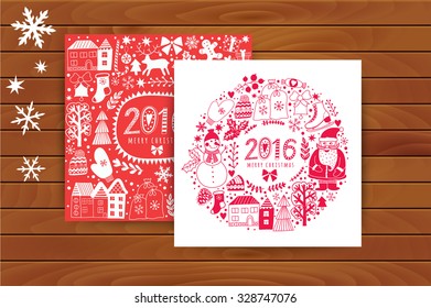 Vector circular wreath, Christmas greeting card template, Merry Christmas. Winter holiday design, frame wreath design made of childish doodles: Santa, houses, deer, winter forest, mittens, snowman.