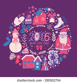 Vector circular wreath, Christmas greeting card template, Merry Christmas. Winter holiday design, frame wreath design made of childish doodles: Santa, houses, deer, winter forest, mittens, snowman.