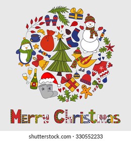 Vector circular wreath, Christmas greeting card template, Merry Christmas. Winter holiday design, frame wreath design made of childish doodles: winter forest, mittens, snowman.