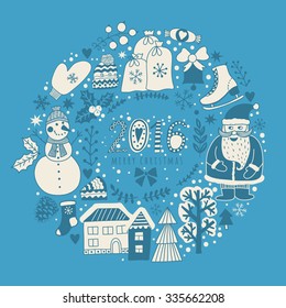 Vector circular wreath, Christmas greeting card template, Merry Christmas. Winter holiday design, frame wreath design made of childish doodles: Santa, houses, deer, winter forest, mittens, snowman.