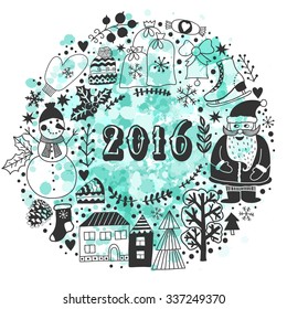 Vector circular wreath, Christmas greeting card template, Merry Christmas. Winter holiday design, frame wreath design made of childish doodles: Santa, houses, deer, winter forest, mittens, snowman.