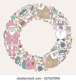 Vector circular wreath, Christmas greeting card template, Merry Christmas