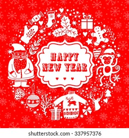 Vector circular wreath, Christmas greeting card template, Merry Christmas. Winter holiday design, frame wreath design made of childish doodles: Santa, houses, deer, winter forest, mittens, snowman.