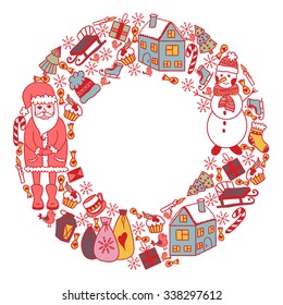 Vector circular wreath, Christmas greeting card template, Merry Christmas