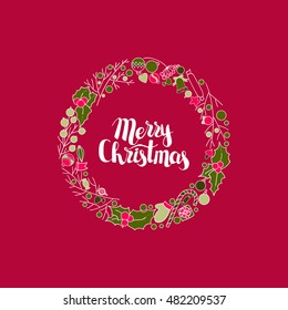Vector circular wreath, Christmas greeting card template, Merry Christmas. 