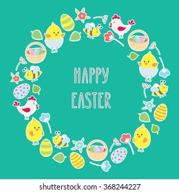 Vector  circular  wreaths with leaves, eggs, chickens, flowers and bees  and central  space for your text. Happy Easter. Vector frame.