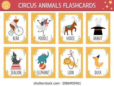 Vector circus animals flash cards set. English language game with cute lion, elephant, bear for kids. Amusement show flashcards with stage performers. Simple educational printable worksheet
