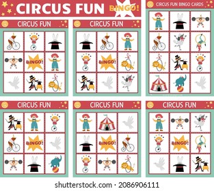 Vector circus bingo cards set. Fun family lotto board game with cute clown, marquee, stage performers for kids. Amusement show lottery activity. Simple educational printable worksheet.
