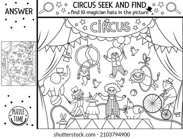 Vector circus black and white searching game with amusement show scene and artists. Spot hidden magician hats in the picture. Simple line seek and find printable activity or coloring page
