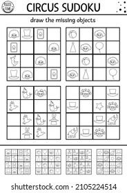 Vector circus black and white sudoku puzzle for kids with pictures. Simple line amusement show quiz. Education activity or coloring page with clown, animals, hat. Draw missing objects
