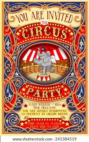 Vector Circus Carnival show elephant clown Cartoon animal Poster. Kid Birthday Party Invite. Carnival festival sign amusement Circus Background. Cabaret Vintage Frame vector Poster Illustration