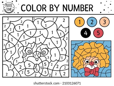 Vector circus color by number activity with clown face and bow. Fairytale black and white counting game with cute stage performer. Funny amusement show coloring page for kids
